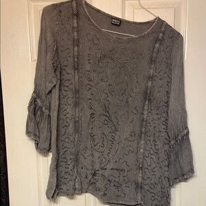 Ananda Design Gray Bell Sleeve Blouse with Ruffled Details